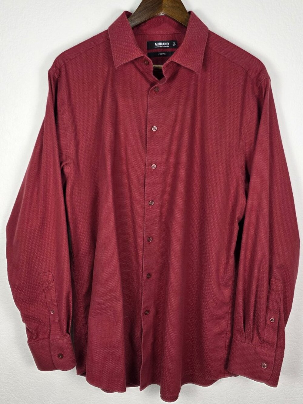 MURANO STRETCH Men's Textured Button Down Shirt Burgundy Maroon Size 17 35